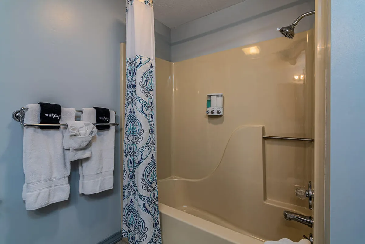 This interior image focuses on a bathroom with a clean bathtub, showerhead, soft towels, and a bright shower curtain. The space is organized and spa-like, ideal for unwinding after a long day.